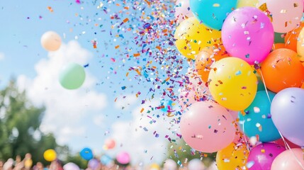 Colorful balloons, confetti, outdoor celebration