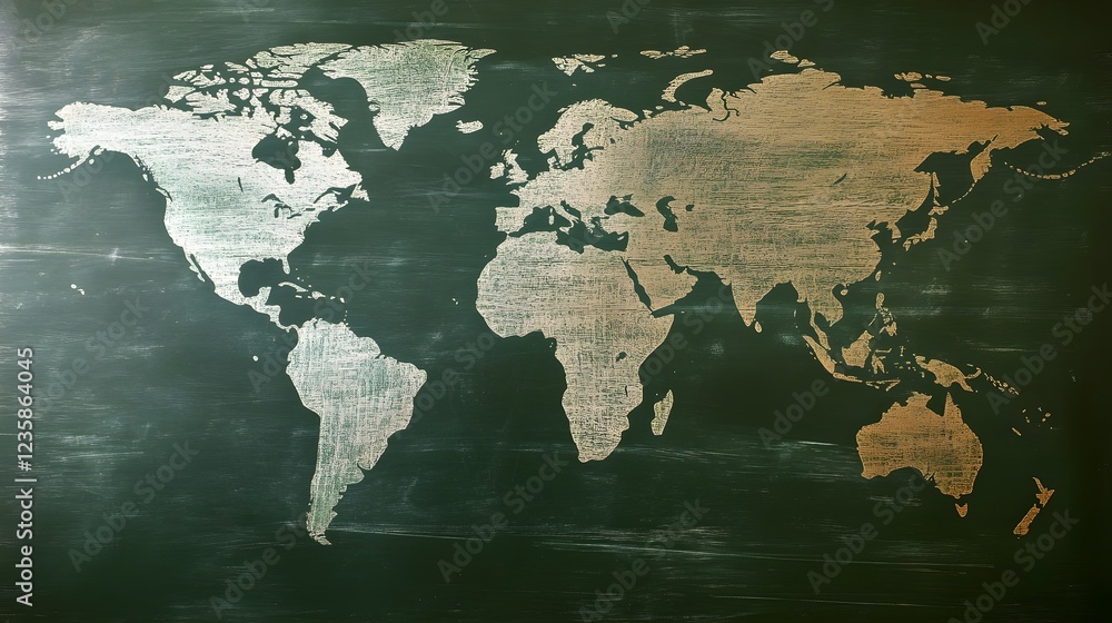 Poster Detailed world map painted on a chalkboard background showcasing the continents countries and global geographic features  The image provides a visually striking and informative backdrop for travel