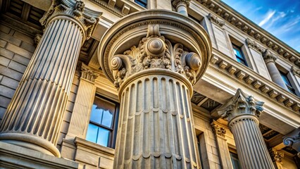 Obraz premium A grand, aged stone column standing tall and proud in front of a historic courthouse