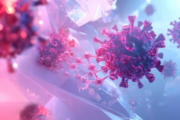 conceptual digital illustration of vaccine molecules bonding with virus structures depicted in futuristic glowing environment