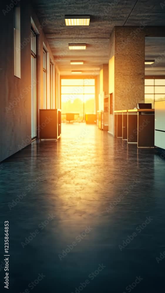 Aufkleber sunset light streaming through office corridor creating a warm atmosphere in modern workspace