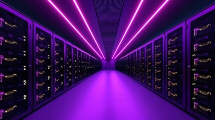 Fototapeta premium Modern Metallic Technology Corridor with Racked GPUs and Neon Lights