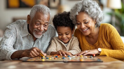 Grandparents playing board game with grandchild at home