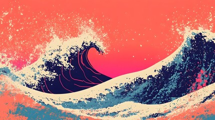 Obraz premium Dramatic Crimson Sunset Waves Crashing in Turbulent Ocean Seascape