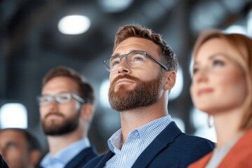 diverse group of bidders in professional setting each raising their paddles at different moments with copy space