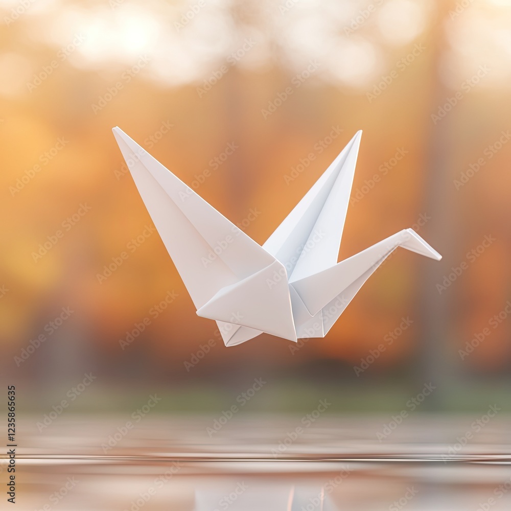 Aufkleber floating 3d-rendered paper origami crane dynamically lit subtle atmospheric depth modern design copy