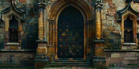 Obraz premium Ornate medieval church door with intricate carvings and weathered stone walls.