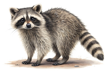 Fototapeta premium Curious Raccoon Closeup and Upright with Striped Tail white transparent PNG background