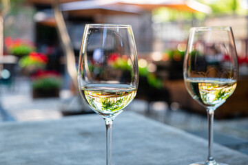 Two elegant glasses filled with white wine sit on a stone table, reflecting the vibrant colors of the surrounding garden in the soft golden hour light. 