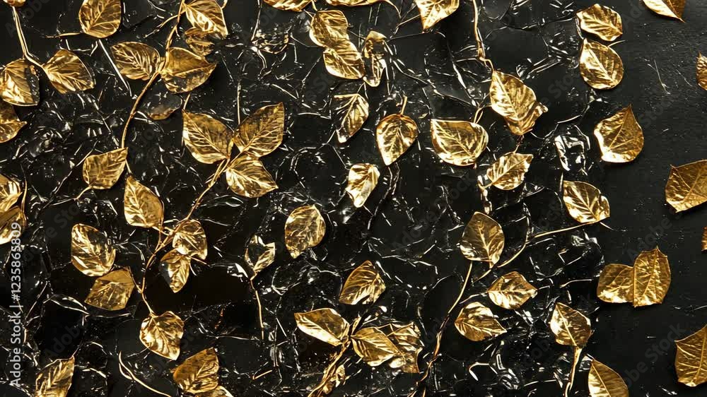 Aufkleber golden leaves scattered on a dark surface create a striking artistic display in an intimate setting