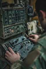 Obraz premium Soldier operating vintage military communications equipment.