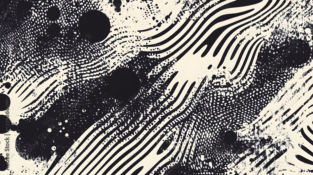Poster dynamic monochrome abstract art with flowing waves and geometric patterns