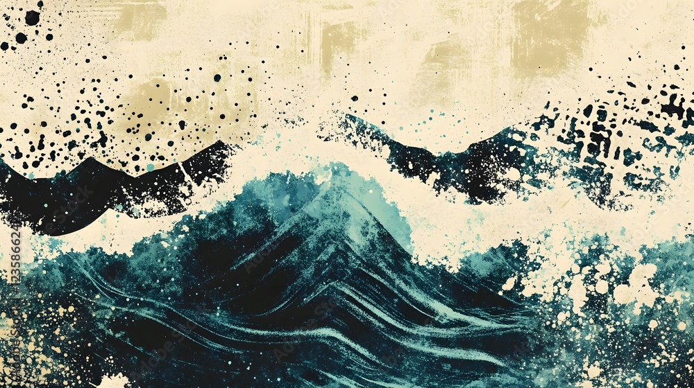Poster dynamic mountainous seascape with crashing waves and abstract textures