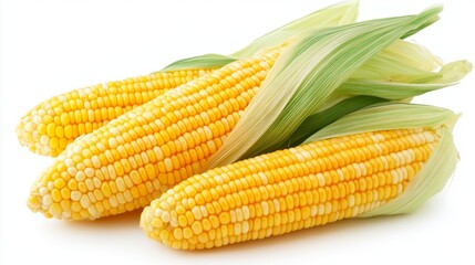High resolution image of a ripe corn cob with green leaves and silk, focusing on texture. White Background