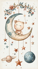 Cute bear sitting on crescent moon surrounded by stars and planets, creating whimsical and dreamy atmosphere. Perfect for children decor or nursery art