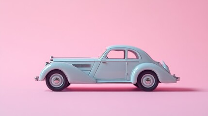 97.A small vintage retro car figurine with shiny black wheels sits on a soft pink studio backdrop. The figurine is detailed, with elegant curves and sleek lines, capturing the essence of a classic