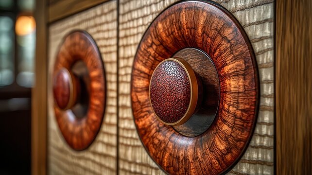 Close-up of elegant wooden cabinet knobs with intricate design, showcasing craftsmanship and luxury in interior decor.