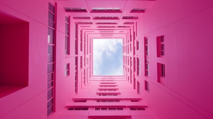 Fototapeta premium 68.A striking shot from below a modern pink building, showcasing its complex, geometric architecture. The angles and lines of the structure are sharp, emphasizing the modern design. The sky above the