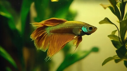 Golden Betta Fish Swimming in Aquatic Plants