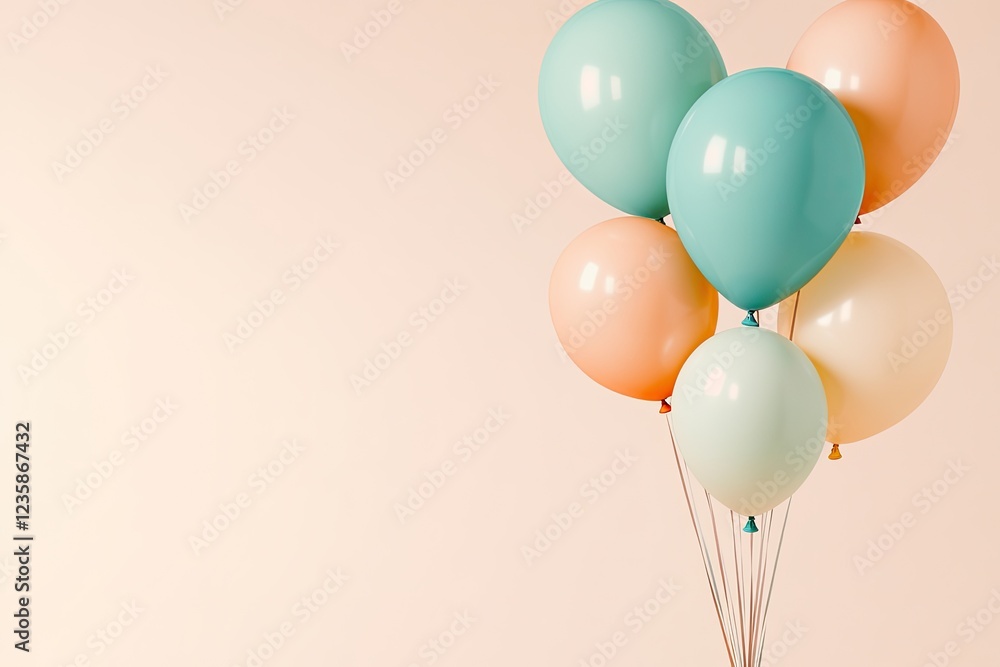 Poster minimalistic arrangement of colorful birthday balloons floating gently against soft blurred backgrou