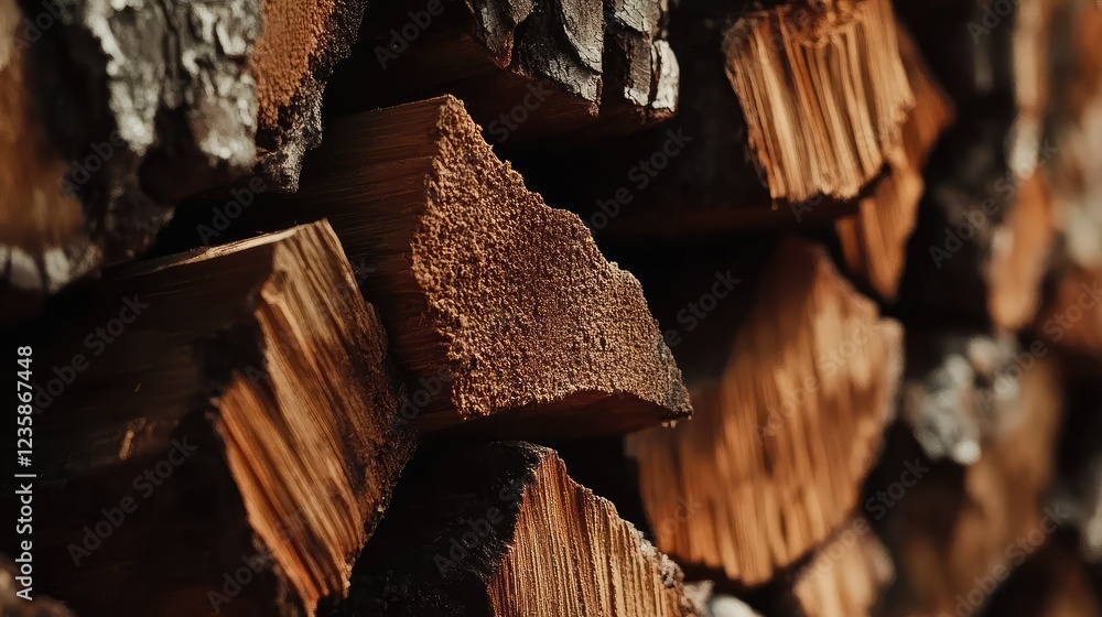 Poster close-up of stacked firewood logs displaying unique textures and earthy tones perfect for rustic dec