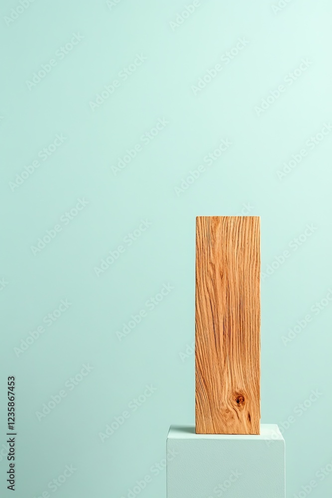 Poster minimalistic composition featuring wooden plank on solid color background showcasing grain and textu