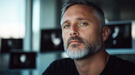Obraz premium portrait of documentary editor analyzing historical footage deep focus multiple screens displaying black-and-white
