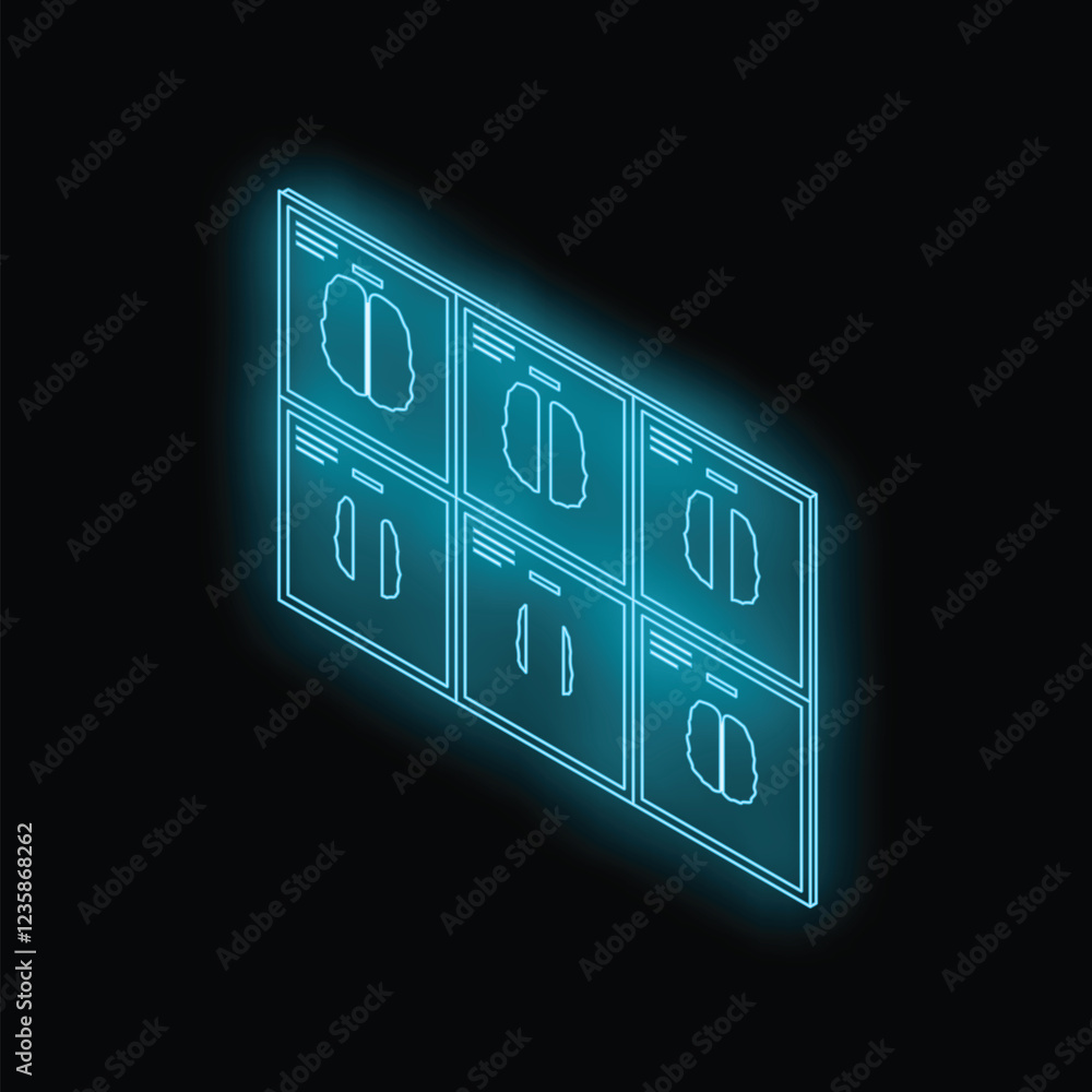 Poster multiple mri images of a brain are displayed on a futuristic glowing neon medical screen in a labora