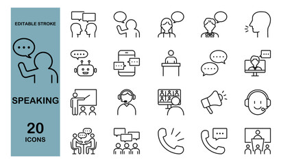 話すことに関するアイコンセット　会話・ミーティング・電話・討論など　編集可能　