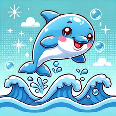 Cute cartoon dolphin jumping out of water with bubbles on a bright blue background