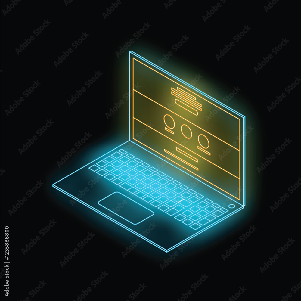 Poster isometric view of a modern laptop with glowing neon light showing a generic website or application i
