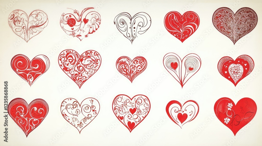 Poster a collection of artistic red heart illustrations featuring intricate designs and patterns in various
