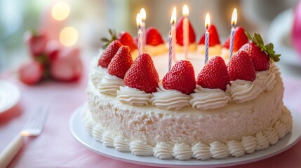 93.A white, fluffy birthday cake covered with smooth icing, topped with fresh strawberries and candles, sits on a pastel pink tablecloth. The strawberries are vibrant and juicy, adding a pop of color