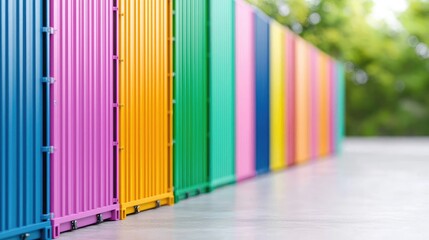 Colorful shipping containers outdoors, green background, logistics