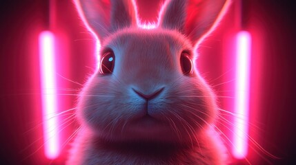 Neon-lit bunny portrait, studio, dark background, digital art