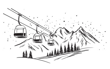 Ski lift in mountain, on white, sketch, hand drawn illustrations
