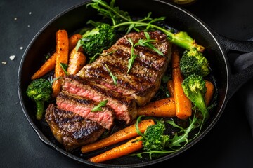 Sliced grilled steak with roasted carrots and broccoli in cast iron skillet.