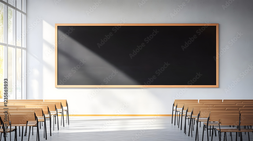 Poster empty classroom interior with rows of desks and chairs facing a large digital blackboard or whiteboa