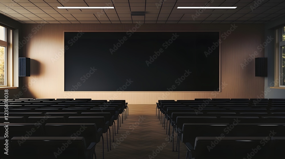 Aufkleber Empty classroom or auditorium interior with rows of chairs facing a large projection screen at the front of the room ready for a presentation lecture or other educational event