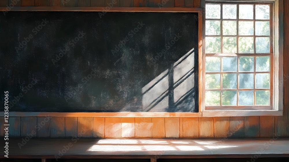 Aufkleber empty classroom interior with blackboard wooden desks and natural lighting from a large window creat