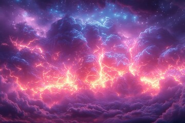 Dramatic lightning storm over colorful clouds nature digital atmospheric night sky