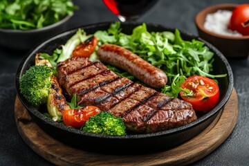 Grilled steak, sausage, and vegetables on a cast iron skillet.