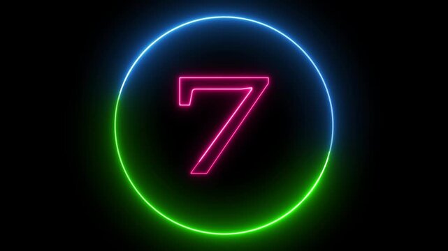 Neon glowing number counting 10-0 with colorful circle animation on a black background.