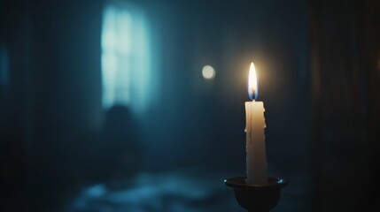 Lone candle burning dimly, mysterious room