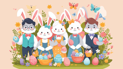 Easter Bunny Crew, A group of cheerful Easter bunnies wearing colorful vests and bow ties, holding baskets filled with painted eggs. They are surrounded by flowers, butterflies