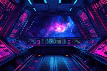 Obraz premium Neon Lit Spaceship Cockpit Views Cosmic Nebula