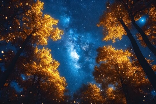 Enchanting Autumn Night Sky with Milky Way and Golden Forest Foliage
