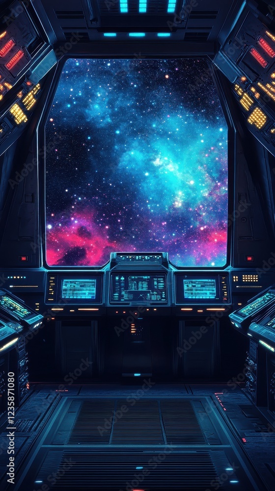 Poster Spaceship Cockpit View of a Nebula Through a Large Window