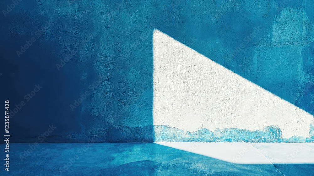 Poster abstract blue wall and floor with white light reflection creating artistic geometric shadows in an e