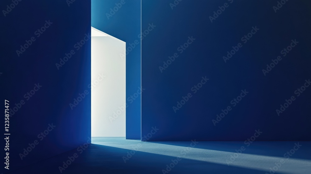 Poster abstract image of a minimalist space featuring a bright light gateway through a dark blue environmen